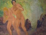an oil painting of two nudes in a wooded area