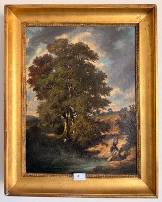 une peinture à l'huile représentant un homme et une femme assis sous un arbre