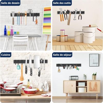 four different pictures of kitchen utensils hanging on the wall