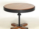 une image représentant une table ronde avec un plateau en bois et des pieds en métal