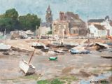 un tableau représentant des bateaux dans un port, avec une église en arrière-plan