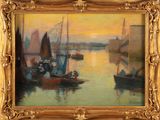 une peinture à l'huile représentant des bateaux dans un port, dans un cadre doré