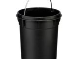 a black plastic bucket with a handle on a white background