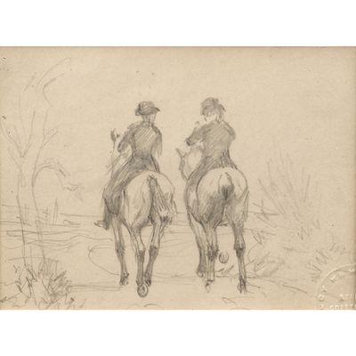 dessin représentant deux personnes à cheval dans un champ