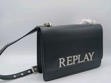a black purse with the word replay written on it