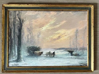 painting of a horse drawn carriage in a snowy landscape with trees