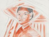 drawing of a woman wearing a hat with a veil on her head