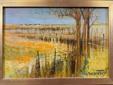 une peinture à l'huile représentant un champ avec une clôture et une vache au loin