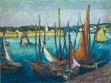 tableau représentant des voiliers dans un port, avec un ciel bleu en arrière-plan