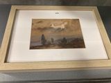 tableau encadré représentant un paysage avec un homme et un chien au bord d'une rivière