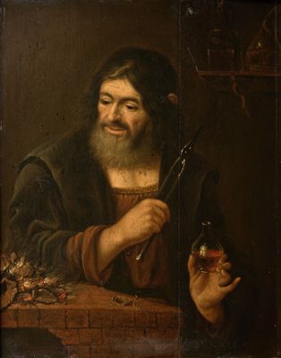 un tableau représentant un vieil homme tenant une bouteille de vin