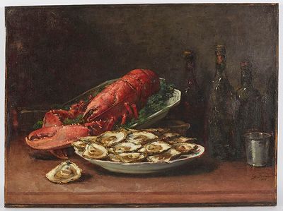 a painting of a lobster and oysters on a table