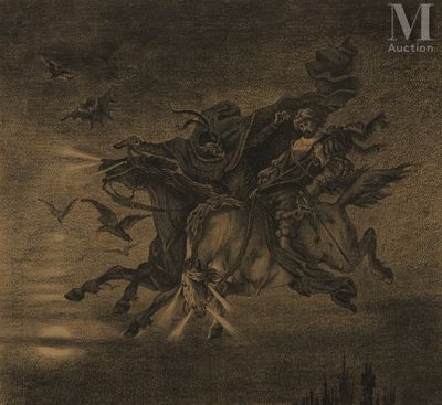 dessin représentant un groupe de personnes à cheval sous un ciel sombre