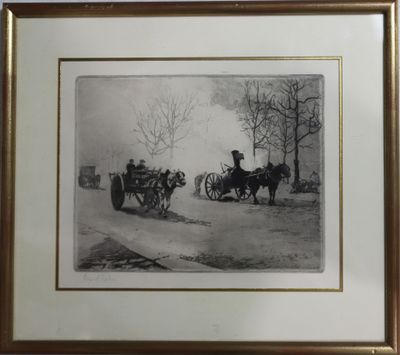 photo encadrée représentant une calèche tirée par deux hommes