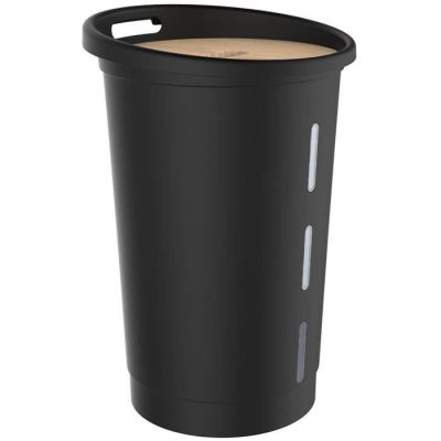 a black plastic cup with a lid and a wooden lid