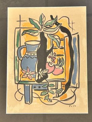 a painting of a cat sitting on a table next to a vase