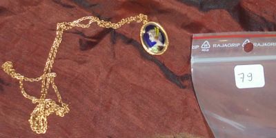 une photo d'un collier sur lequel figure l'image d'un chien