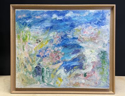 une peinture représentant une peinture d'eau et de plantes posées sur une table