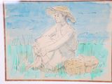 painting of a woman in a straw hat sitting in a field with a basket of bread