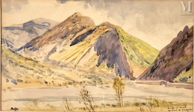 aquarelle représentant un paysage de montagne avec une rivière au premier plan