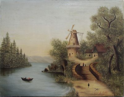 a painting of a windmill and a boat on the water