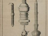 an old drawing of two candles and a candle holder