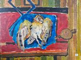 un tableau représentant un hibou perché sur une table