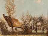 an image of a painting of a woman and a dog in front of a house