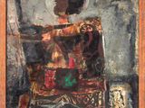 an oil painting of a man sitting in a chair with his arms crossed