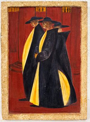 tableau représentant deux hommes vêtus de robes noires et jaunes, debout l'un à côté de l'autre