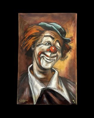 tableau représentant un clown au nez rouge et au chapeau vert