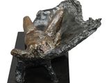 bronze sculpture of a woman laying in a shell on a black base