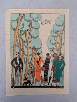 a picture of a painting of a group of people in the woods