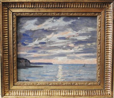 an oil painting of a sunset over a body of water