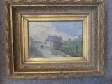 an image of a painting of a country road with a house in the background
