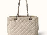 chanel beige quilted leather tote bag with chain handles