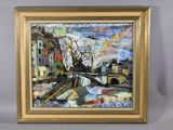 une image représentant une peinture d'un paysage urbain avec un pont au premier plan