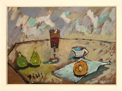 une peinture représentant des fruits et un verre de vin posés sur une table