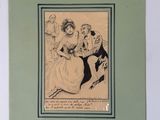 drawing of a woman sitting on a man ' s lap in front of a group of people
