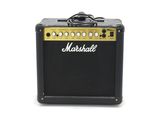 a close up of a black and gold marshall amplifier on a white background