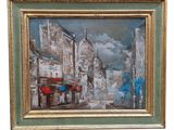 une peinture à l'huile représentant une scène de rue avec des bâtiments et des parapluies