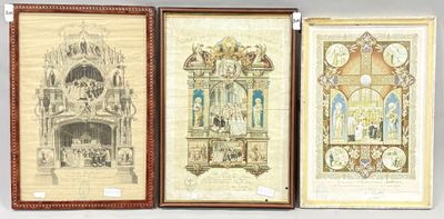 three framed drawings of a church and a clock on a wall