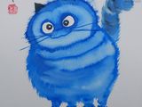 tableau représentant un chat bleu qui lève la patte en l'air