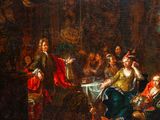 painting of a group of people sitting around a table in a room