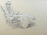 dessin représentant une femme assise sur une chaise, un téléphone portable collé à l'oreille