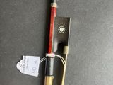 a red and black violin bow with a wooden handle
