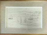 drawing of a boat in a body of water next to a wall