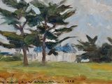 une peinture à l'huile représentant deux arbres dans un champ, avec le ciel en arrière-plan