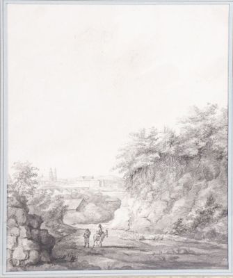 a drawing of a landscape with two men and a dog