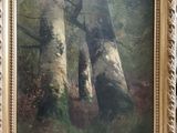 une peinture à l'huile représentant deux bouleaux dans un décor boisé